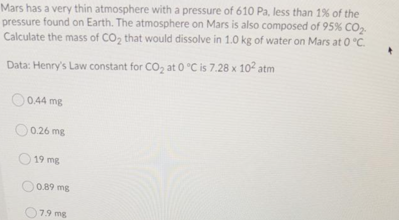 Mars has a very thin atmosphere with a pressure of 610 Pa, less than 1% of the
pressure found on Earth. The atmosphere on Mars is also composed of 95% CO2.
Calculate the mass of CO, that would dissolve in 1.0 kg of water on Mars at 0 °C.
Data: Henry's Law constant for CO2 at 0 °C is 7.28 x 102 atm
0.44 mg
0.26 mg
19 mg
0.89 mg
7.9 mg
