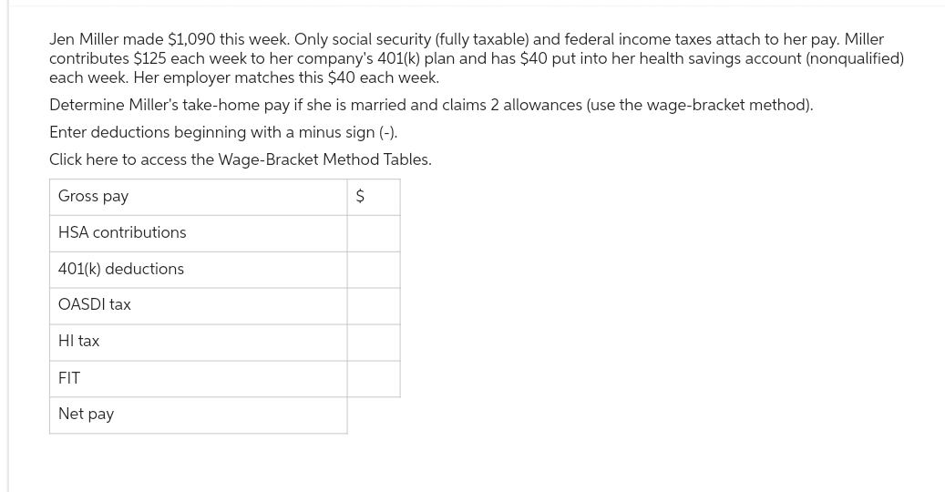 Jen Miller made $1,090 this week. Only social security (fully taxable) and federal income taxes attach to her pay. Miller
contributes $125 each week to her company's 401(k) plan and has $40 put into her health savings account (nonqualified)
each week. Her employer matches this $40 each week.
Determine Miller's take-home pay if she is married and claims 2 allowances (use the wage-bracket method).
Enter deductions beginning with a minus sign (-).
Click here to access the Wage-Bracket Method Tables.
Gross pay
$
HSA contributions
401(k) deductions
OASDI tax
HI tax
FIT
Net pay