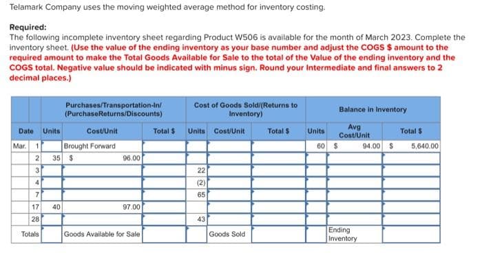 Telamark Company uses the moving weighted average method for inventory costing.
Required:
The following incomplete inventory sheet regarding Product W506 is available for the month of March 2023. Complete the
inventory sheet. (Use the value of the ending inventory as your base number and adjust the COGS $ amount to the
required amount to make the Total Goods Available for Sale to the total of the Value of the ending inventory and the
COGS total. Negative value should be indicated with minus sign. Round your Intermediate and final answers to 2
decimal places.)
Date Units
Mar.
1
23
4
7
17
28
Totals
Purchases/Transportation-In/
(PurchaseReturns/Discounts)
40
Cost/Unit
Brought Forward
35 $
96.00
97.00
Goods Available for Sale
Total $
Cost of Goods Sold/(Returns to
Inventory)
Units
22
(2)
65
43
Cost/Unit
Goods Sold
Total $
Balance in Inventory
Avg
Cost/Unit
Units
60 $
Ending
Inventory
94.00 $
Total $
5,640.00