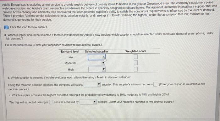 Adelie Enterprises is exploring a new service to provide weekly delivery of grocery items to homes in the greater Greenwood area. The company's customers place
web-based orders and Adelie's team assembles and delivers the orders in specially designed cardboard boxes. Management, interested in locating a supplier that can
provide boxes cheaply and efficiently, has discovered that each potential supplier's ability to satisfy the company's requirements is influenced by the level of demand.
Table 1 provides Adelie's vendor solection criteria, criterion weights, and rankings (1-10 with 10 being the highest) under the assumption that low, medium or high
demand is generated for their service.
m Click the icon to view Table 1.
a. Which supplier should be selected if there is low demand for Adelie's new service; which supplier should be selected under moderate demand assumptions; under
high demand?
Fil in the table below. (Enter your responses rounded to two decimal places.).
Selected supplier
Demand level
Weighted score
Low
Moderate
High
b. Which supplier is selected if Adelie evaluates each alternative using a Maximin decision criterion?
Using the Maximin decision criterion, the company will select
decimal places.)
supplier. This supplier's minimum score is. (Enter your response rounded to two
c. Which supplier achieves the highest expected ranking if the probability of low demand is 30%, moderate is 45% and high is 25%?
The highest expected ranking is and it is achieved by
V supplier. (Enter your response rounded to two decimal places)
