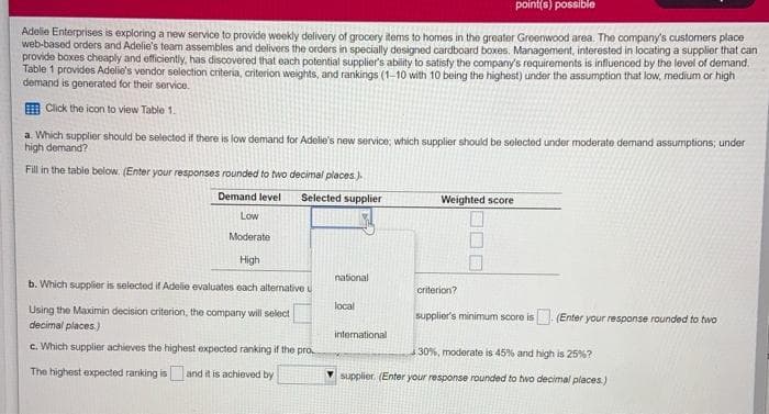 point(s) possible
Adelie Enterprises is exploring a new service to provide weekly delivery of grocery items to homes in the greater Greenwood area. The company's customers place
web-based orders and Adelie's team assembles and delivers the orders in specially designed cardboard boxes. Management, interested in locating a supplier that can
provide boxes cheaply and efficiently, has discovered that each potential supplier's ability to satisty the company's requirements is influenced by the level of demand.
Table 1 provides Adelie's vendor selection criteria, criterion weights, and rankings (1-10 with 10 being the highest) under the assumption that low, medium or high
demand is generated for their service.
E Click the icon to view Table 1.
a. Which supplier should be selected if there is low demand for Adele's new service; which supplier should be selected under moderate demand assumptions; under
high demand?
Fill in the table below. (Enter your responses rounded to two decimal places.).
Demand level
Selected supplier
Weighted score
Low
Moderate
High
national
b. Which supplier is selected if Adelie evaluates each alternative u
criterion?
local
Using the Maximin decision criterion, the company will select
supplier's minimum score is (Enter your response rounded to two
decimal places.)
international
c. Which supplier achieves the highest expected ranking if the pro.
30%, moderate is 45% and high is 25%?
The highest expected ranking is and it is achieved by
V supplier. (Enter your response rounded to two decimal places)
