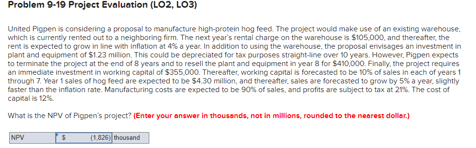 Problem 9-19 Project Evaluation (LO2, LO3)
United Pigpen is considering a proposal to manufacture high-protein hog feed. The project would make use of an existing warehouse,
which is currently rented out to a neighboring firm. The next year's rental charge on the warehouse is $105,000, and thereafter, the
rent is expected to grow in line with inflation at 4% a year. In addition to using the warehouse, the proposal envisages an investment in
plant and equipment of $1.23 million. This could be depreciated for tax purposes straight-line over 10 years. However, Pigpen expects
to terminate the project at the end of 8 years and to resell the plant and equipment in year 8 for $410,000. Finally, the project requires
an immediate investment in working capital of $355,000. Thereafter, working capital is forecasted to be 10% of sales in each of years 1
through 7. Year 1 sales of hog feed are expected to be $4.30 million, and thereafter, sales are forecasted to grow by 5% a year, slightly
faster than the inflation rate. Manufacturing costs are expected to be 90% of sales, and profits are subject to tax at 21%. The cost of
capital is 12%.
What is the NPV of Pigpen's project? (Enter your answer in thousands, not in millions, rounded to the nearest dollar.)
NPV
2$
(1,826) thousand
