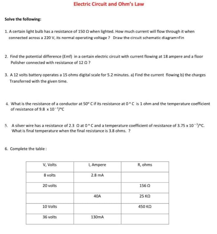 Solve the following:
1. A certain light bulb has a resistance of 150 when lighted. How much current will flow through it when
connected across a 220 V, its normal operating voltage? Draw the circuit schematic diagram>Fin
2. Find the potential difference (Emf) in a certain electric circuit with current flowing at 18 ampere and a floor
Polisher connected with resistance of 12 ?
3. A 12 volts battery operates a 15 ohms digital scale for 5.2 minutes. a) Find the current flowing b) the charges
Transferred with the given time.
4. What is the resistance of a conductor at 50° C if its resistance at 0°C is 1 ohm and the temperature coefficient
of resistance of 9.8 x 10-³/°C
5. A silver wire has a resistance of 2.3 at 0°C and a temperature coefficient of resistance of 3.75 x 10-³/°C.
What is final temperature when the final resistance is 3.8 ohms. ?
6. Complete the table:
Electric Circuit and Ohm's Law
V, Volts
8 volts
20 volts
10 Volts
36 volts
I, Ampere
2.8 mA
40A
130mA
R, ohms
156 02
25 ΚΩ
450 ΚΩ