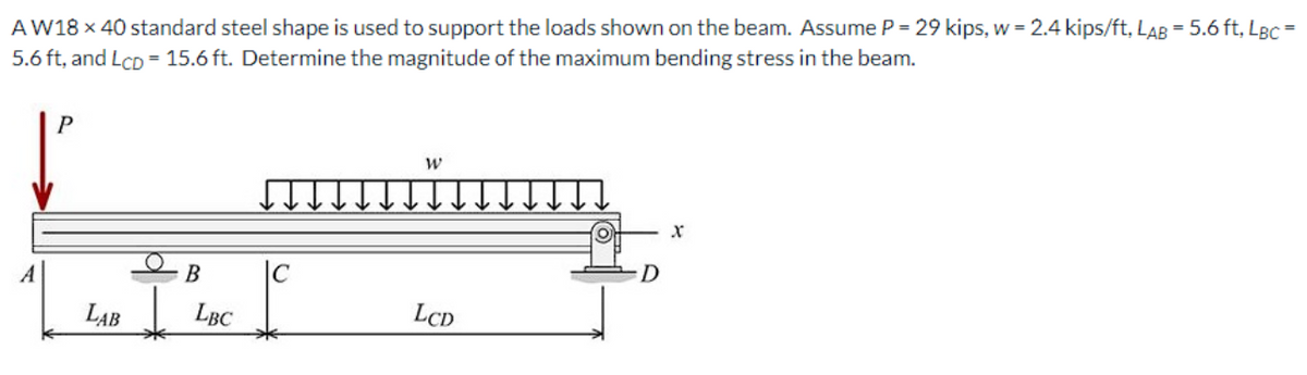 AW18 x 40 standard steel shape is used to support the loads shown on the beam. Assume P = 29 kips, w = 2.4 kips/ft, LAB = 5.6 ft, LBc =
5.6 ft, and LCD = 15.6 ft. Determine the magnitude of the maximum bending stress in the beam.
P
A
B
D
LAB
LBC
LCD
