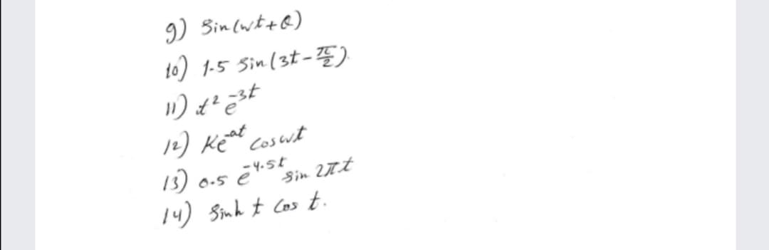 9) Bin (wt+&)
1o) 1-5 Sin(3t-E)
12) Kea cosuit
13)
14) Sinh t Cos t.
at
O.5 ē
Sin 27.t
