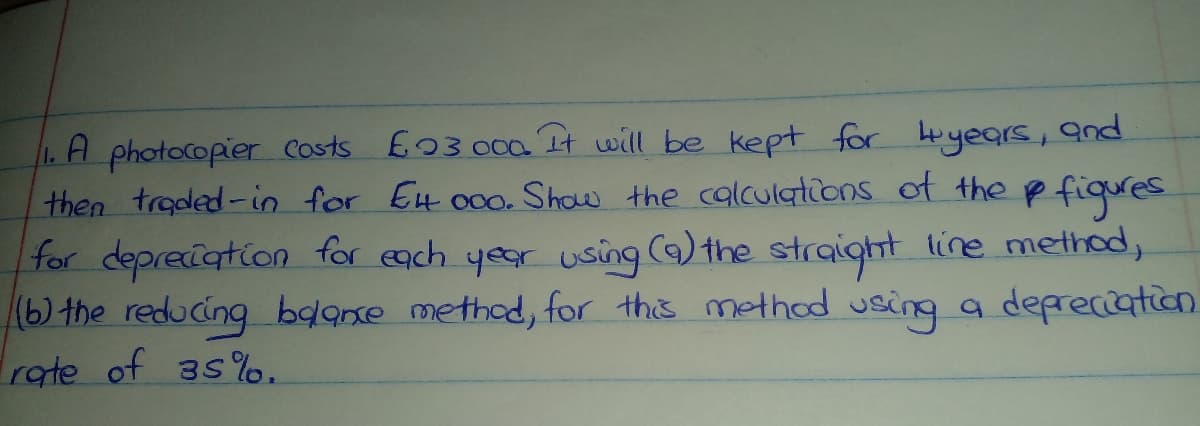 photocopier Costs E03 00a It will be kept for Hyears,
and
then traded-in for Et o0o. Show the calculations of the p fiqures
for depreiation for each year using (9) the straight line method,
(6) the reducing bdaxe method, for this method using a depreciation
rate of 3s%o.
