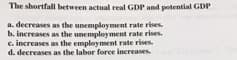 The shortfall between actual real GDP and potential GDP
a. decreases as the unemployment rate rises.
b. increases as the unemployment rate rises.
c. increases as the employment rate rises.
d. decreases as the labor force increases.
