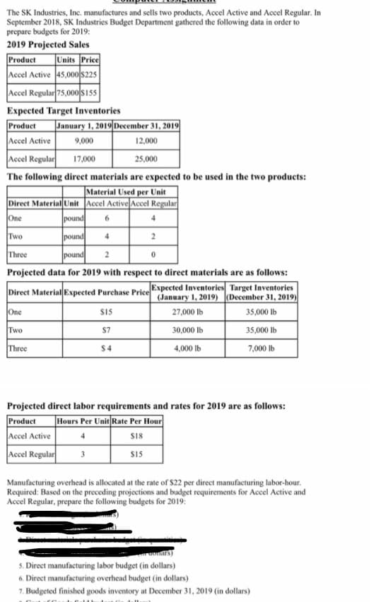 The SK Industries, Inc. manufactures and sells two products, Accel Active and Accel Regular. In
September 2018, SK Industries Budget Department gathered the following data in order to
prepare budgets for 2019:
2019 Projected Sales
Product
Accel Active 45,000|s225
|Units Price
Accel Regular 75,000 S1s5
Expected Target Inventories
Product
January 1, 2019 December 31, 2019
Accel Active
9,000
12,000
Accel Regular
17,000
25,000
The following direct materials are expected to be used in the two products:
Material Used per Unit
Direct Material Unit Accel Active Accel Regular
pound
One
6.
Two
pound
4
2
Three
pound
Projected data for 2019 with respect to direct materials are as follows:
Direct Material Expected Purchase PriceExpected Inventories Target Inventories
(January 1, 2019) (December 31, 2019)
One
$15
27,000 lb
35,000 lb
Two
S7
30,000 lb
35,000 lb
Three
$4
4,000 lb
7,000 lb
Projected direct labor requirements and rates for 2019 are as follows:
Product
Hours Per Unit Rate Per Hour
Accel Active
4
SI8
Accel Regular
S15
3
Manufacturing overhead is allocated at the rate of $22 per direct manufacturing labor-hour.
Required: Based on the preceding projections and budget requirements for Accel Active and
Accel Regular, prepare the following budgets for 2019:
nars)
5. Direct manufacturing labor budget (in dollars)
6. Direct manufacturing overhead budget (in dollars)
7. Budgeted finished goods inventory at December 31, 2019 (in dollars)
