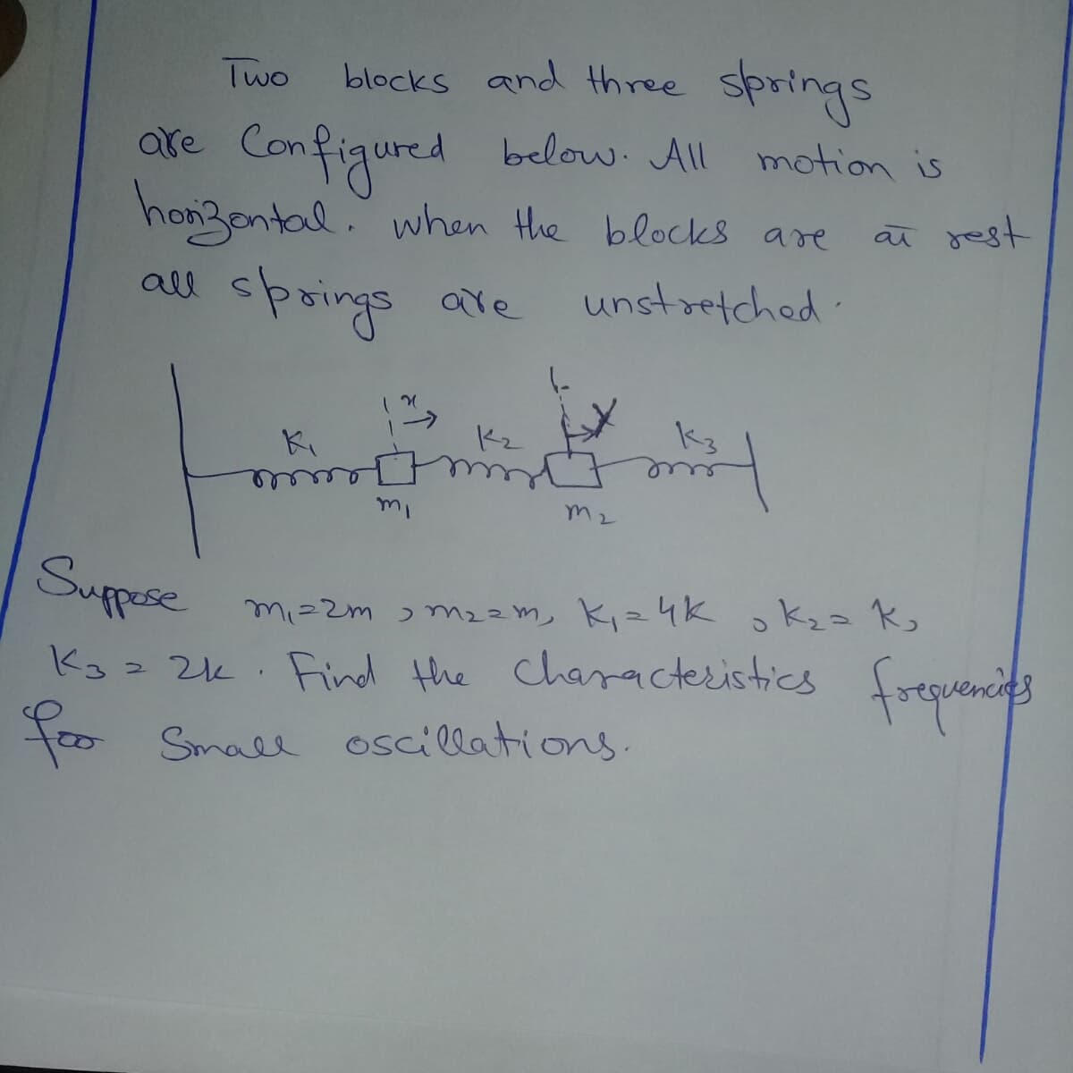 Two
blocks and three springs
are Configured below. All motion is
honzental. when the blocks are
aū jest
spoings are
unstretched:
Kz
k3
Suppse
mi=2m mzzm, K,=4k okzz k,
Ksz 2k. Find the
charactesistics freguencies
Foo Small oscillations.
