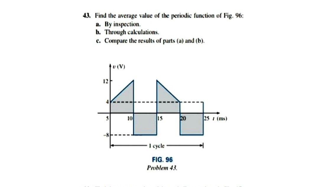 43. Find the average value of the periodic function of Fig. 96:
a. By inspection.
b. Through calculations.
c. Compare the results of parts (a) and (b).
(V)
12
10
15
20
25 (ms)
-8
I cycle
FIG. 96
Problem 43.
