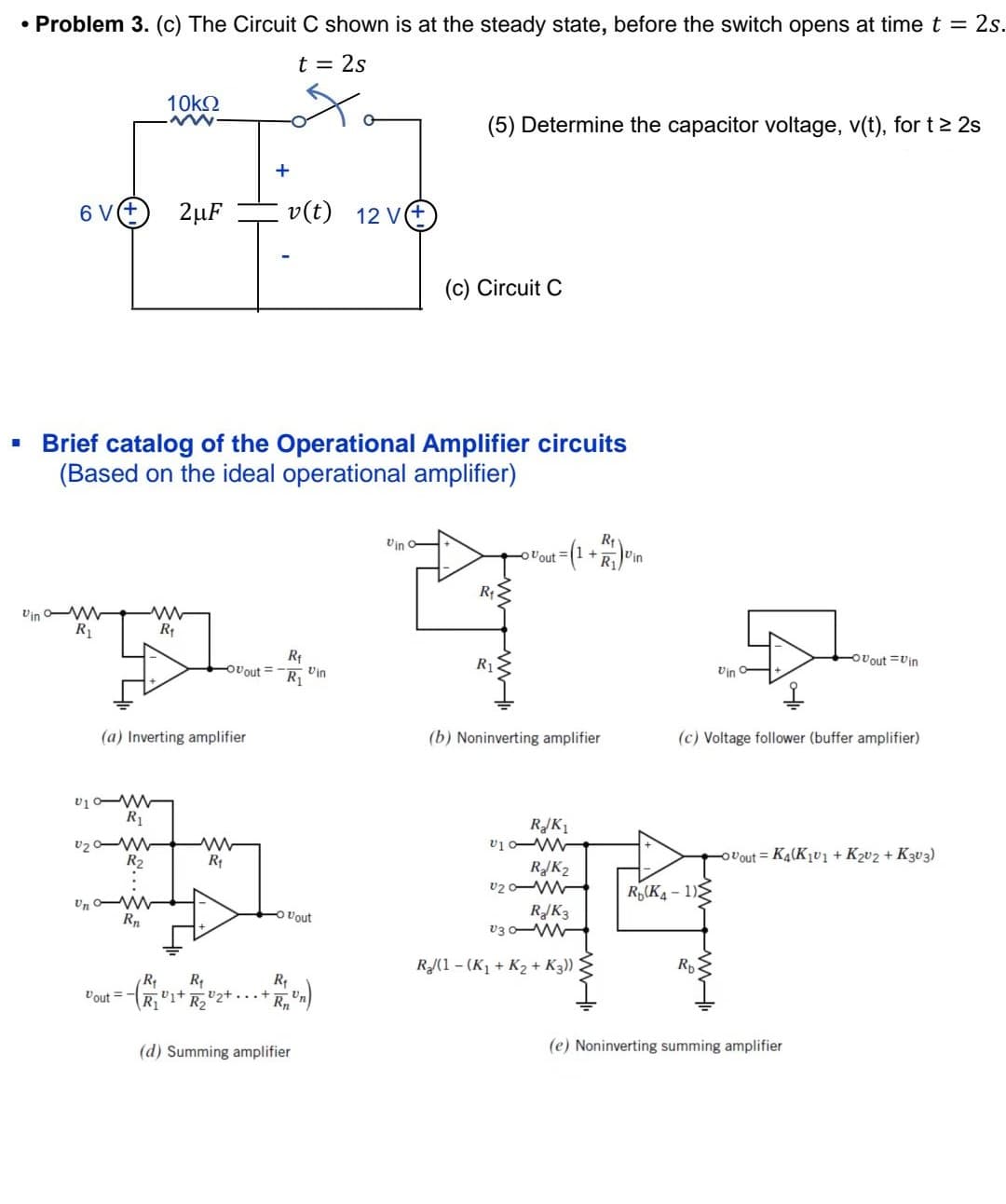 • Problem 3. (c) The Circuit C shown is at the steady state, before the switch opens at time t = 2s.
t = 2s
I
6 V 2μF
Vin m
R₁
U10-
Brief catalog of the Operational Amplifier circuits
(Based on the ideal operational amplifier)
(a) Inverting amplifier
R₁
U20-W
10ΚΩ
ww
Vout=
R₂
:
Unw
R₂
ww
R₁
+
R₁
Ovout R₁
ww
R₁
v(t) 12 V
R₁
R₁
-R₁1+R₂₂+
Vout
R₁
Vin
(d) Summing amplifier
(5) Determine the capacitor voltage, v(t), for t≥ 2s
Vin -
(c) Circuit C
R₁2
R₁
vout
= (1 + R ₁) vin
(b) Noninverting amplifier
R₂K₁
V10-W
R₂K₂
U20-W
RJK3
U30M
R₂/(1-(K₁ + K₂ + K3))
R(K4-1)
Vin O
I
(c) Voltage follower (buffer amplifier)
Rp
Ovout Vin
Ovout=K4(K₁v1 + K₂v2 + K303)
(e) Noninverting summing amplifier