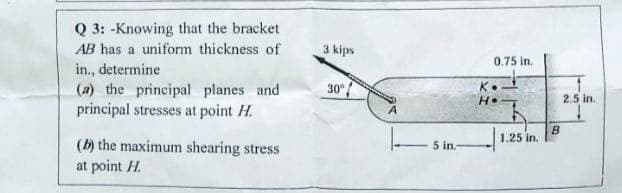 Q 3: -Knowing that the bracket
AB has a uniform thickness of
in., determine
(a) the principal planes and
principal stresses at point H.
(b) the maximum shearing stress
at point H.
3 kips
30°
S
5 in.
0.75 in.
K.
H=
1.25 in.
B
2.5 in.