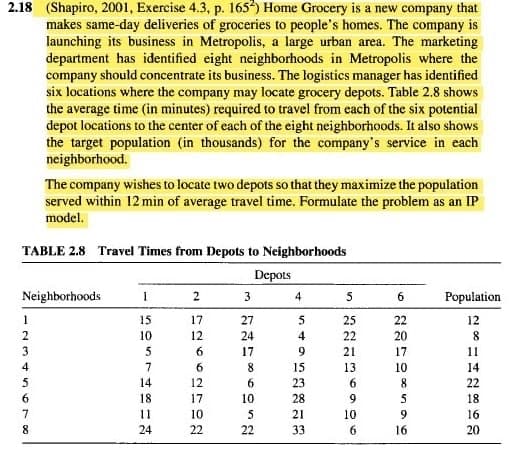 2.18 (Shapiro, 2001, Exercise 4.3, p. 165) Home Grocery is a new company that
makes same-day deliveries of groceries to people's homes. The company is
launching its business in Metropolis, a large urban area. The marketing
department has identified eight neighborhoods in Metropolis where the
company should concentrate its business. The logistics manager has identified
six locations where the company may locate grocery depots. Table 2.8 shows
the average time (in minutes) required to travel from each of the six potential
depot locations to the center of each of the eight neighborhoods. It also shows
the target population (in thousands) for the company's service in each
neighborhood.
The company wishes to locate two depots so that they maximize the population
served within 12 min of average travel time. Formulate the problem as an IP
model.
TABLE 2.8 Travel Times from Depots to Neighborhoods
Depots
Neighborhoods
2
3
4
5
Population
1
15
17
27
5
25
22
12
10
12
24
4
22
20
8
6
17
9
21
17
11
7
8.
15
13
10
14
14
12
23
6.
8.
22
6.
18
17
10
28
9
5
18
11
10
5
21
10
16
8.
24
22
22
33
6.
16
20
-234 n67
