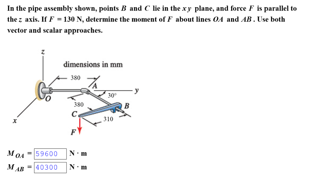 In the pipe assembly shown, points B and C lie in the xy plane, and force F is parallel to
thez axis. If F = 130 N, determine the moment of F about lines OA and AB. Use both
vector and scalar approaches.
x
Z
dimensions in mm
380
y
30°
380
B
310
OA
M = 59600
N.m
M AB
=40300
N⚫m