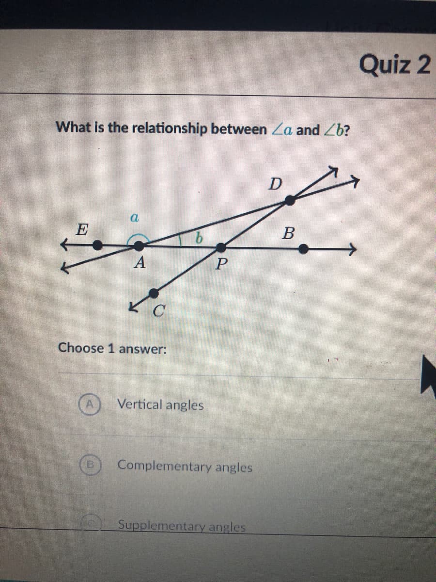 Quiz 2
What is the relationship between Za and Zb?
D
E
В
A
P
C
Choose 1 answer:
Vertical angles
Complementary angles
Supplementary angles
