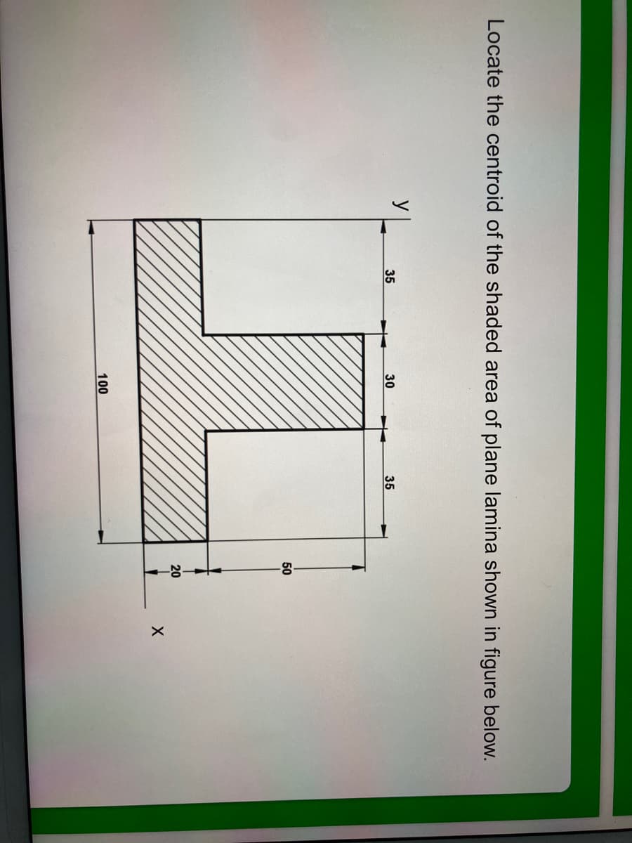 Locate the centroid of the shaded area of plane lamina shown in figure below.
y
35
30
35
50
20
100
