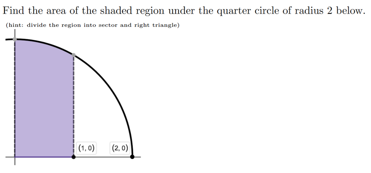 Find the area of the shaded region under the quarter circle of radius 2 below.
(hint: divide the region into sector and right triangle)
(1, 0)
(2, 0)
