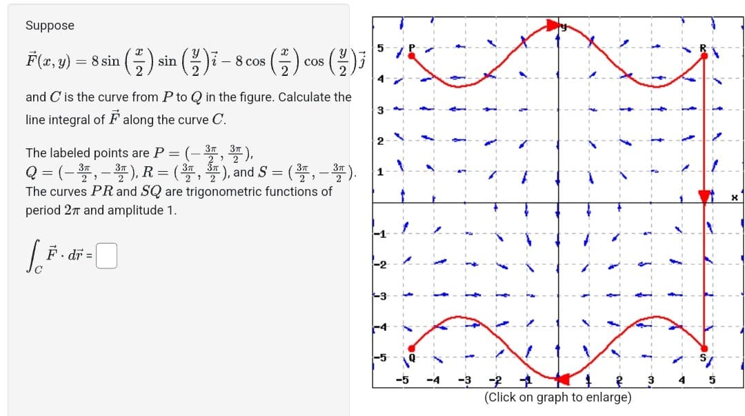 Suppose
5
F(x, y) = 8 sin () sin ()7 - 8 cos (2) cos (2) ³
2
2
and C is the curve from P to Qin the figure. Calculate the
line integral of along the curve C.
The labeled points are P = (– ³7, ³7),
Q = (– ³T, − ³ ), R = (³, ³), and S = ( ³7, — ³″ ).
The curves PR and SQ are trigonometric functions of
period 2π and amplitude 1.
La
F. dr =
-5
(Click on graph to enlarge)
4
5