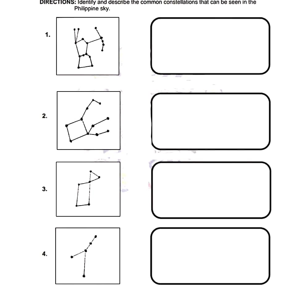 DIRECTIONS: Identify and describe the common constellations that can be seen in the
Philippine sky.
1.
2.
