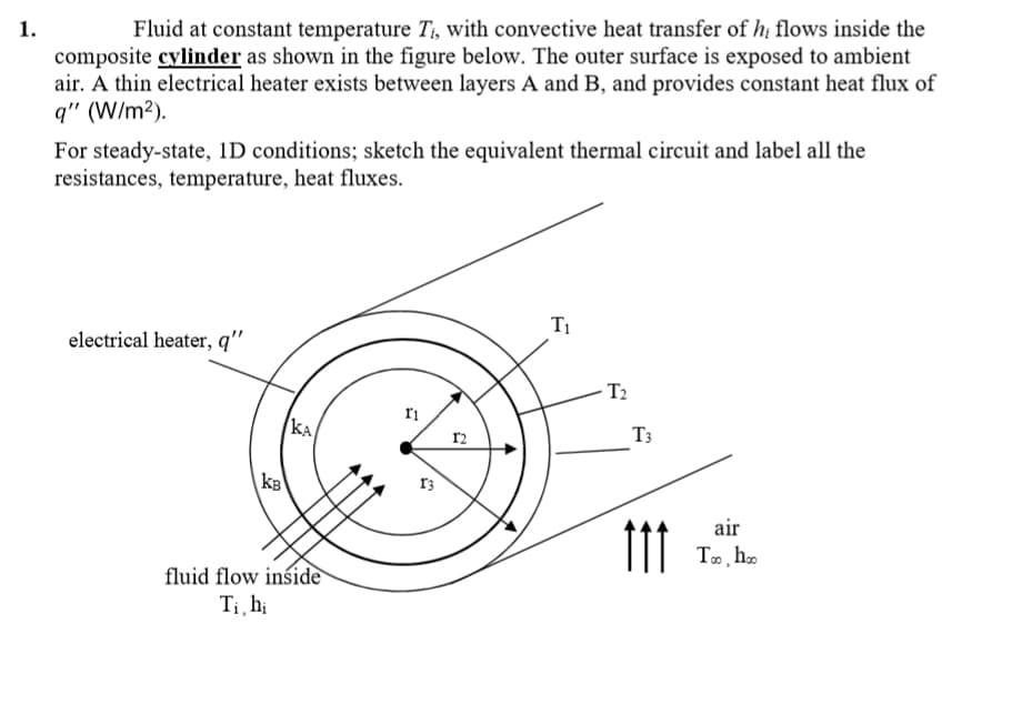 Fluid at constant temperature T, with convective heat transfer of hị flows inside the
composite cylinder as shown in the figure below. The outer surface is exposed to ambient
air. A thin electrical heater exists between layers A and B, and provides constant heat flux of
q" (W/m2).
For steady-state, 1D conditions; sketch the equivalent thermal circuit and label all the
resistances, temperature, heat fluxes.
