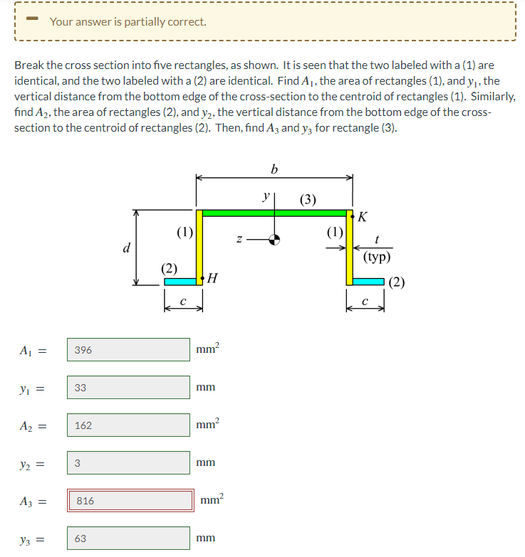 Your answer is partially correct.
Break the cross section into five rectangles, as shown. It is seen that the two labeled with a (1) are
identical, and the two labeled with a (2) are identical. Find A, the area of rectangles (1), and y1, the
vertical distance from the bottom edge of the cross-section to the centroid of rectangles (1). Similarly,
find A2, the area of rectangles (2), and y½, the vertical distance from the bottom edge of the cross-
section to the centroid of rectangles (2). Then, find A3 and y3 for rectangle (3).
b
(3)
K
(1)
(1)
d
(typ)
(2)
H
(2)
ked
ked
A =
396
mm?
33
mm
A2
162
mm?
mm
y2 =
Az =
816
mm?
Y3 =
63
mm
3.
