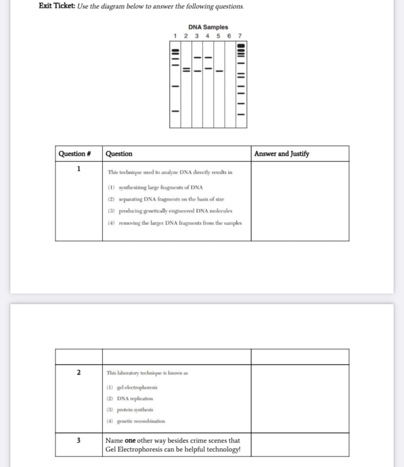 Exit Ticket: Use the diagram below to answer the following questions.
DNA Samples
1 2 3 4 5 6 7
Question #
Question
Answer and Justify
1
This technique used to analyze DNA directly results in
(1) synthesizing large fragments of DNA
(2) separating DNA fragments on the basis of size
(3) producing genetically engineered DNA molecules
(4) removing the larger DNA fragments from the samples
This laboratory technique is known as
(1) gel electrophoresis
(2) DNA replication
(3) protein synthesis
(4) genetie recombination
3
Name one other way besides crime scenes that
Gel Electrophoresis can be helpful technology!
III| | || || ||
I|||
2.
