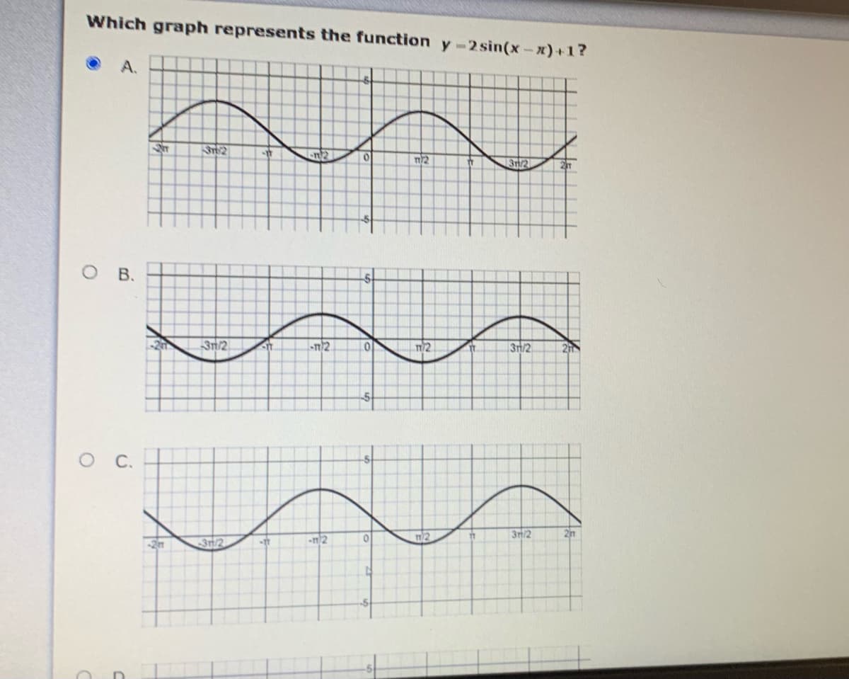 Which graph represents the function y-2sin(x-x)+1?
A.
3n/2
3n/2
3n/2
21
3/2
2n
-2n
3n/2
B.
