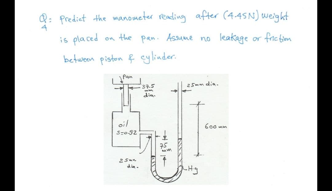 Q: Prediet the manometer reading after (4.45N) weight
4
is placed
on the pan. Assume no leakage or friction
between piston f cylinder.
Pan
37.5
25mm dia.
dia.
oil
600 mm
5-०-92
75
2 5 mn
dia-
