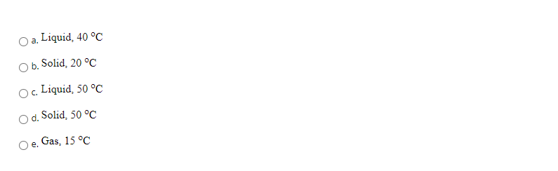 Liquid, 40 °C
a.
b. Solid, 20 °C
O. Liquid, 50 °C
Od.
Solid, 50 °C
Gas, 15 °C
е.
