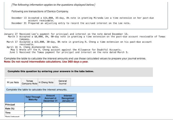 [The following information applies to the questions displayed below.]
Following are transactions of Danica Company.
December 13 Accepted a $14,000, 45-day, 8% note in granting Miranda Lee a time extension on her past-due
account receivable.
December 31 Prepared an adjusting entry to record the accrued interest on the Lee note.
January 27 Received Lee's payment for principal and interest on the note dated December 13.
March 3 Accepted a $8,000, 8%, 90-day note in granting a time extension on the past-due account receivable of Tomas
Company.
March 17 Accepted a $15,000, 30-day, 8% note in granting H. Cheng a time extension on his past-due account
receivable.
April 16 H. Cheng dishonored his note.
May 1 Wrote off the H. Cheng account against the Allowance for Doubtful Accounts.
June 1 Received the Tomas payment for principal and interest on the note dated March 3.
Complete the table to calculate the interest amounts and use those calculated values to prepare your journal entries.
Note: Do not round intermediate calculations. Use 360 days a year.
Complete this question by entering your answers in the tabs below.
Tomas
M Lee Note
Company Note H Cheng Note
General
Journal
Complete the table to calculate the interest amounts.
Total Through
Amount
Accrued at
Maturity
December 31
Principal
Rate (%)
Interest
Recognized
January 27
Time
Tatal internet