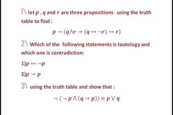 I\ let p, q andr are three propositions.using the truth
table to find :
p (qAr (q r) r)
2\ Which of the following statements is tautology and
which one is contradiction:
1)p + -p
2)p → p
3\ using the truth table and show that :
-(¬pA(q-p)) = p V q
