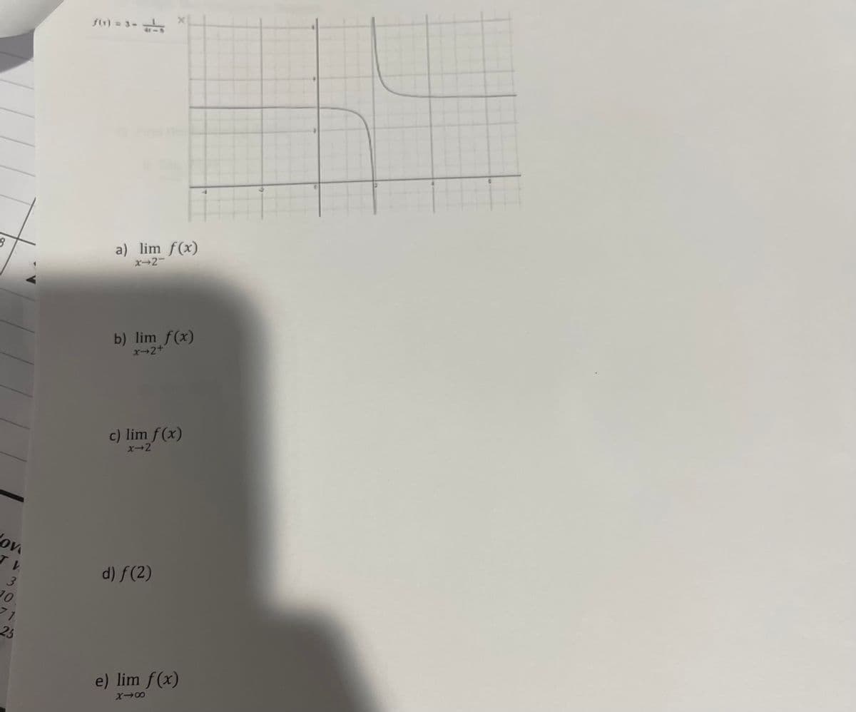 f() = 3-
a) lim f(x)
x-2-
b) lim f(x)
x-2+
c) lim f(x)
X-2
ov
d) f(2)
3.
10
71
25
e) lim f(x)
