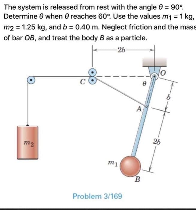 The system is released from rest with the angle 0 = 90°
Determine when e reaches 60°. Use the values m₁ = 1 kg,
m2 = 1.25 kg, and b = 0.40 m. Neglect friction and the mass
of bar OB, and treat the body B as a particle.
-2b-
m2
C
Ꮎ
A
m1
Problem 3/169
B
2b
b