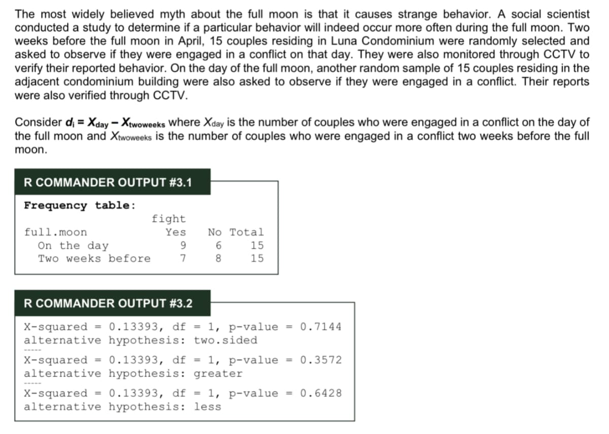 The most widely believed myth about the full moon is that it causes strange behavior. A social scientist
conducted a study to determine if a particular behavior will indeed occur more often during the full moon. Two
weeks before the full moon in April, 15 couples residing in Luna Condominium were randomly selected and
asked to observe if they were engaged in a conflict on that day. They were also monitored through CCTV to
verify their reported behavior. On the day of the full moon, another random sample of 15 couples residing in the
adjacent condominium building were also asked to observe if they were engaged in a conflict. Their reports
were also verified through CCTV.
Consider di = Xday – Xtwoweeks Where Xday is the number of couples who were engaged in a conflict on the day of
the full moon and Xtwoweeks is the number of couples who were engaged in a conflict two weeks before the full
moon.
R COMMANDER OUTPUT #3.1
Frequency table:
fight
full.moon
On the day
Two weeks before
Yes
No Total
9.
6
15
7
8
15
R COMMANDER OUTPUT #3.2
X-squared = 0.13393, df = 1, p-value = 0.7144
alternative hypothesis: two.sided
X-squared = 0.13393, df = 1, p-value = 0.3572
alternative hypothesis: greater
= 0.13393, df = 1, p-value = 0.6428
X-squared
alternative hypothesis: less
