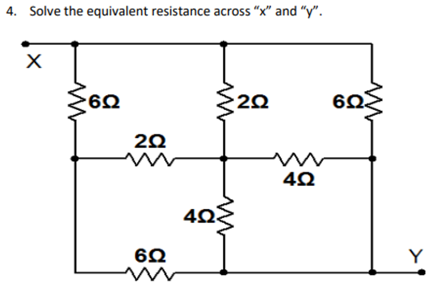 4. Solve the equivalent resistance across "x" and "y".
X
•6Ω
Μ
2Ω
Μ
6Ω
2Ω
w
4Ω
6.Q
Y