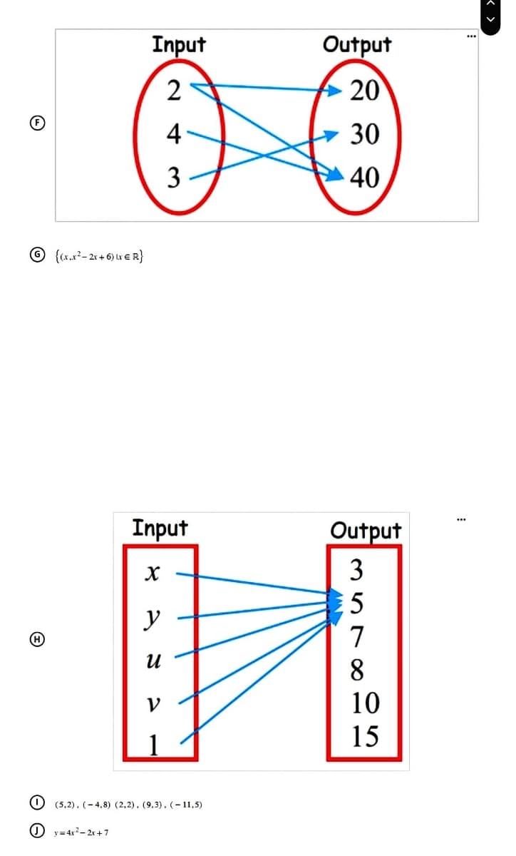 G {(x.x²-2x+6) WER}
(H
0
Input
2
4
3
y=4x²-2x+7
Input
X
y
И
V
(5,2). (-4,8) (2,2). (9,3), (-11,5)
Output
20
30
40
Output
3
€5
7
8
10
15