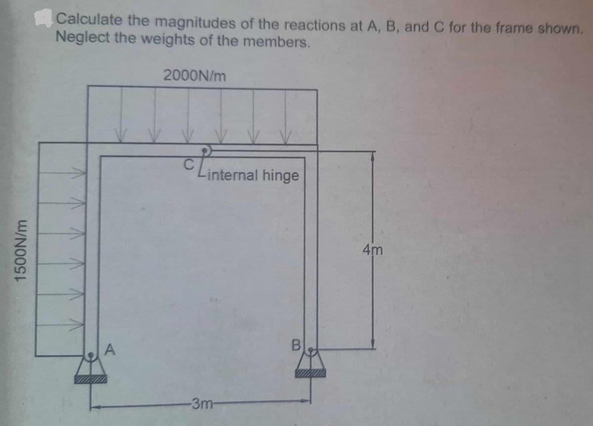 1500N/m
Calculate the magnitudes of the reactions at A, B, and C for the frame shown.
Neglect the weights of the members.
2000N/m
ⒸLintern
-internal hinge
-3m-
4m