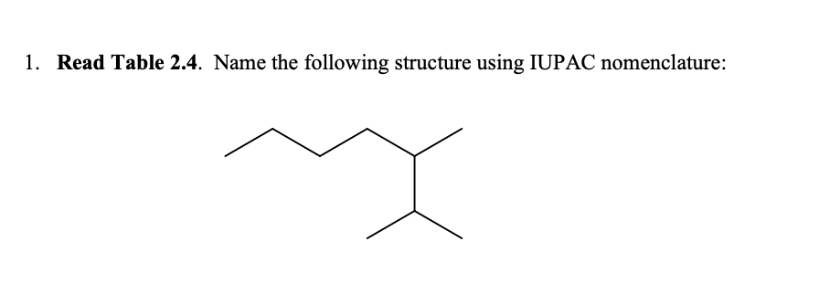 1. Read Table 2.4. Name the following structure using IUPAC nomenclature:
x