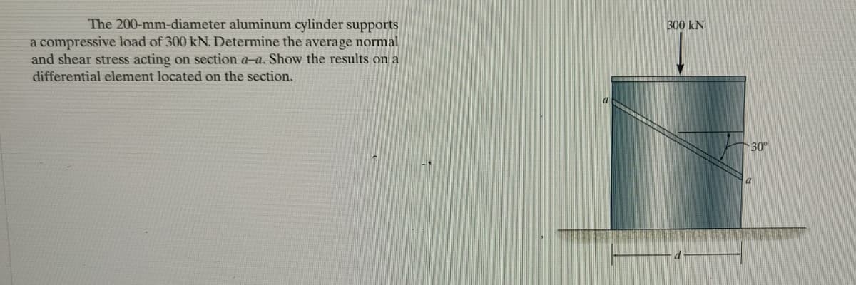 The 200-mm-diameter aluminum cylinder supports
a compressive load of 300 kN. Determine the average normal
and shear stress acting on section a-a. Show the results on a
300 kN
differential element located on the section.
30°
a
