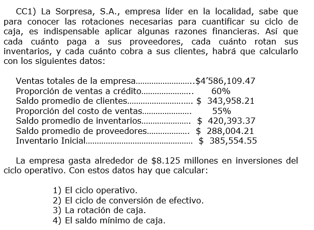 CC1) La Sorpresa, S.A., empresa líder en la localidad, sabe que
para conocer las rotaciones necesarias para cuantificar su ciclo de
caja, es indispensable aplicar algunas razones financieras. Así que
cada cuánto paga a sus proveedores, cada cuánto rotan sus
inventarios, y cada cuánto cobra a sus clientes, habrá que calcularlo
con los siguientes datos:
Ventas totales de la empresa..
Proporción de ventas a crédito..
Saldo promedio de clientes..
Proporción del costo de ventas..
Saldo promedio de inventarios.
Saldo promedio de proveedores..
Inventario Inicial..
.$4'586,109.47
60%
$ 343,958.21
55%
$ 420,393.37
$ 288,004.21
$ 385,554.55
La empresa gasta alrededor de $8.125 millones en inversiones del
ciclo operativo. Con estos datos hay que calcular:
1) El ciclo operativo.
2) El ciclo de conversión de efectivo.
3) La rotación de caja.
4) El saldo mínimo de caja.
