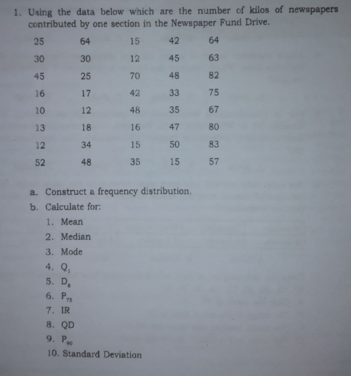 1. Using the data below which are the number of kilos of newspapers
contributed by one section in the Newspaper Fund Drive.
25
64
15
42
64
30
30
12
45
63
45
25
70
48
82
16
17
42
33
75
10
12
48
35
67
13
18
16
47
80
12
34
15
50
83
52
48
35 15
57
a. Construct a frequency distribution.
b. Calculate for:
1. Mean
2. Median
3. Mode
4. Q,
5. D.
6. P75
7. IR
8. QD
9. P.
90
10. Standard Deviation
