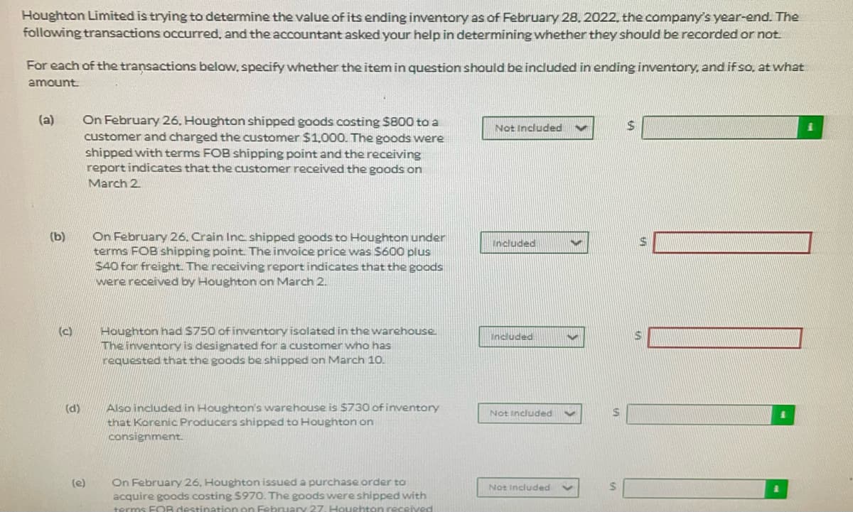 Houghton Limited is trying to determine the value of its ending inventory as of February 28. 2022, the company's year-end. The
following transactions occurred, and the accountant asked your help in determining whether they should be recorded or not.
For each of the transactions below, specify whether the item in question should be included in ending inventory, and if so, at what
amount.
On February 26, Houghton shipped goods costing $800 to a
customer and charged the customer $1,000. The goods were
shipped with terms FOB shipping point and the receiving
reportindicates that the customer received the goods on
(a)
Not Included
March 2
On February 26. Crain Inc shipped goods to Houghton under
terms FOB shipping point. The invoice price was S600 plus
$40 for freight. The receiving report indicates that the goods
were received by Houghton on March 2.
(b)
ncluded
Houghton had $750 of inventory isolated in the warehouse
The inventory is designated for a customer who has
requested that the goods be shipped on March 1O.
(c)
nduded
Also included in Houghton's warehouse is S730 of inventory
that Korenic Producers shipped to Houghton on
consignment.
(d)
Not included
On February 26, Houghton issued a purchase order to
acquire goods costing $970. The goods were shipped with
(e)
Not Included
terms FOR destination on Februarv 27. Houehton received
