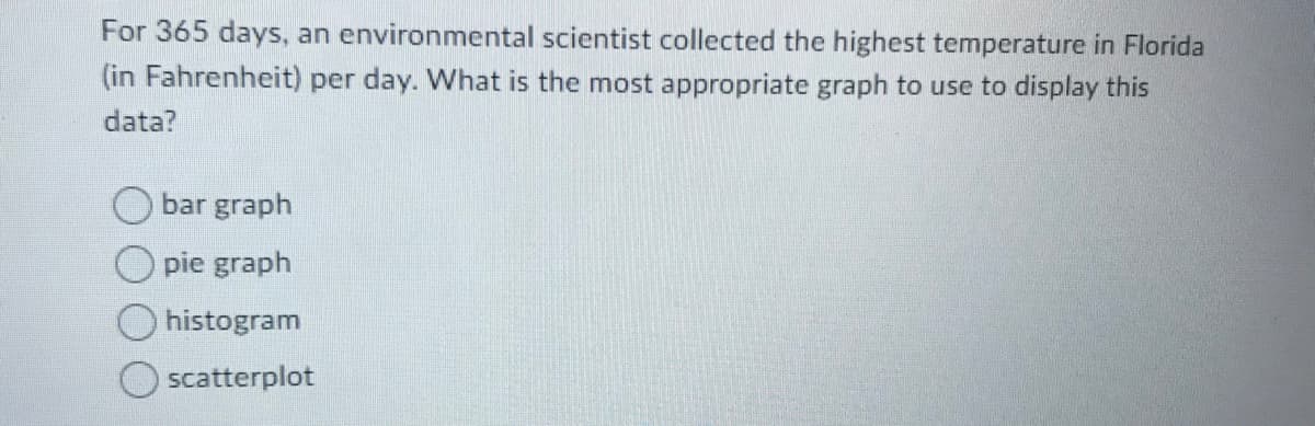 For 365 days, an environmental scientist collected the highest temperature in Florida
(in Fahrenheit) per day. What is the most appropriate graph to use to display this
data?
bar graph
pie graph
histogram
scatterplot
