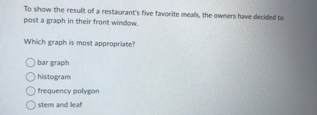 To show the result of a restaurant's five favorite meals, the owners have decided to
post a graph in their front window.
Which graph is most appropriate?
bar graph
histogram
frequency polygon
stem and leaf
