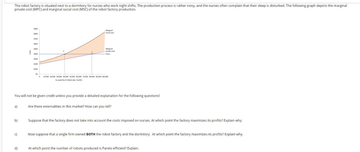 The robot factory is situated next to a dormitory for nurses who work night shifts. The production process is rather noisy, and the nurses often complain that their sleep is disturbed. The following graph depicts the marginal
private cost (MPC) and marginal social cost (MSC) of the robot factory production.
S900
Marginal
social cot
S00
S600
$500
Marginal
-private cost
$400
Price
S300
S200
S100
O 10.000 20000 s0000 40.0o s0.000 s0.000 20.000 0.000 so.000 100.000
a uantity of robots per month
You will not be given credit unless you provide a detailed explanation for the following questions!
a)
Are there externalities in this market? How can you tell?
b)
Suppose that the factory does not take into account the costs imposed on nurses. At which point the factory maximizes its profits? Explain why.
c)
Now suppose that a single firm owned BOTH the robot factory and the dormitory. At which point the factory maximizes its profits? Explain why.
d)
At which point the number of robots produced is Pareto efficient? Explain.
