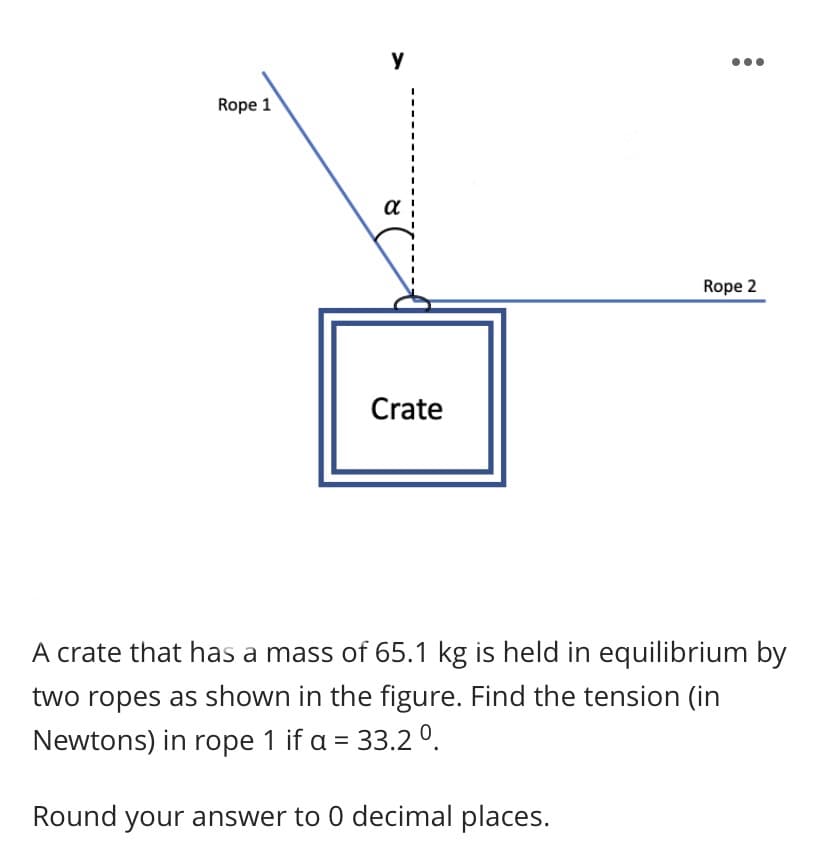y
Rope 1
Rope 2
Crate
A crate that has a mass of 65.1 kg is held in equilibrium by
two ropes as shown in the figure. Find the tension (in
Newtons) in rope 1 if a = 33.2º.
Round your answer to 0 decimal places.
