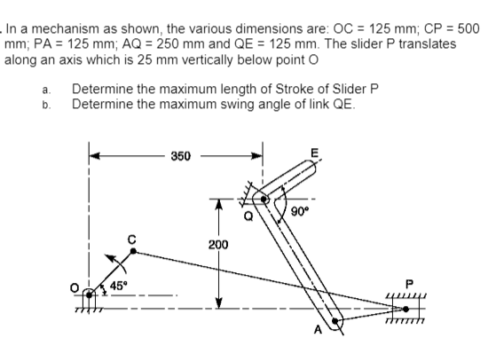 In a mechanism as shown, the various dimensions are: OC = 125 mm; CP = 500
mm; PA = 125 mm; AQ = 250 mm and QE = 125 mm. The slider P translates
along an axis which is 25 mm vertically below point O
a.
Determine the maximum length of Stroke of Slider P
b. Determine the maximum swing angle of link QE.
45°
350
200
90°