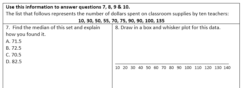 Use this information to answer questions 7, 8, 9 & 10.
The list that follows represents the number of dollars spent on classroom supplies by ten teachers:
10, 30, 50, 55, 70, 75, 90, 90, 100, 135
7. Find the median of this set and explain
how you found it.
A. 71.5
B. 72.5
C. 70.5
D. 82.5
8. Draw in a box and whisker plot for this data.
10 20 30 40 50 60 70 80 90 100 110 120 130 140