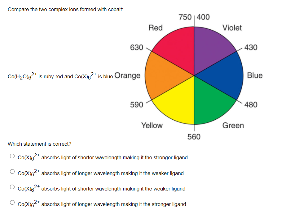 Compare the two complex ions formed with cobalt:
750 | 400
Red
Violet
630
430
Co(H20)62* is ruby-red and Co(X)62* is blue.Orange
Blue
590
480
Yellow
Green
560
Which statement is correct?
Co(X)6* absorbs light of shorter wavelength making it the stronger ligand
2+
O Co(X)62* absorbs light of longer wavelength making it the weaker ligand
Co(X)6* absorbs light of shorter wavelength making it the weaker ligand
2+
2+
Co(X)6-" absorbs light of longer wavelength making it the stronger ligand
