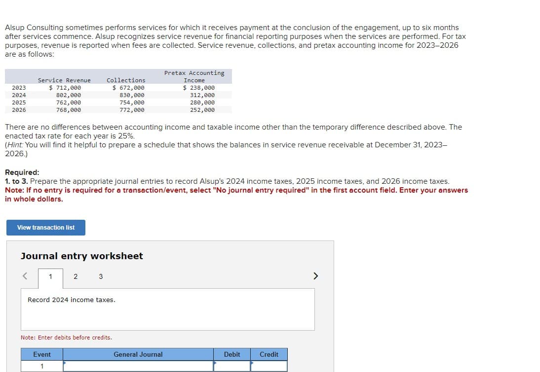 Alsup Consulting sometimes performs services for which it receives payment at the conclusion of the engagement, up to six months
after services commence. Alsup recognizes service revenue for financial reporting purposes when the services are performed. For tax
purposes, revenue is reported when fees are collected. Service revenue, collections, and pretax accounting income for 2023-2026
are as follows:
Service Revenue
Collections
2023
$ 712,000
$ 672,000
2024
2025
2026
830,000
754,000
772,000
802,000
762,000
768,000
Pretax Accounting
Income
$ 238,000
312,000
280,000
252,000
There are no differences between accounting income and taxable income other than the temporary difference described above. The
enacted tax rate for each year is 25%.
(Hint: You will find it helpful to prepare a schedule that shows the balances in service revenue receivable at December 31, 2023-
2026.)
Required:
1. to 3. Prepare the appropriate journal entries to record Alsup's 2024 income taxes, 2025 income taxes, and 2026 income taxes.
Note: If no entry is required for a transaction/event, select "No journal entry required" in the first account field. Enter your answers
in whole dollars.
View transaction list
Journal entry worksheet
1
2
3
Record 2024 income taxes.
Note: Enter debits before credits.
Event
1
General Journal
Debit
Credit